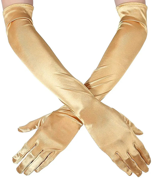 Fancydresswale hand Gloves for women for parties, long colourful satin hand cover 38 cm; Golden fancydresswale.com