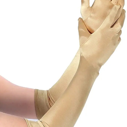 Fancydresswale hand Gloves for women for parties, long colourful satin hand cover 38 cm; Golden fancydresswale.com