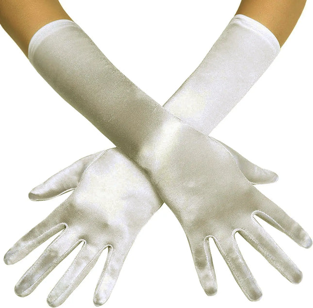 Fancydresswale hand Gloves for women for parties, long colourful satin hand cover 38 cm; Off White fancydresswale.com
