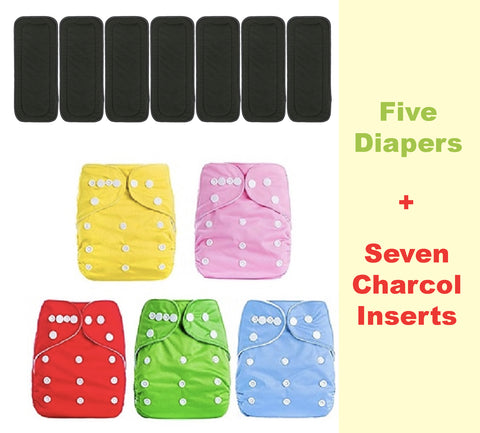Cloth Diaper Reusable One Size Adjustable Washable for Baby Girls and Boys- Assorted Colors-5 diapers with 7 inserts
