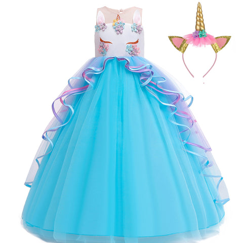 Fancydresswale Unicorn dress for Girls Gown Style half sleeves with headband, Blue