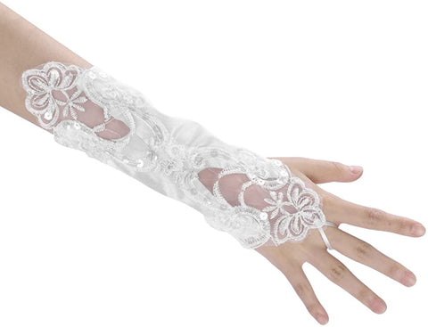 Fancydresswale Women Evening Opera Satin Gloves Fingerless Gathered Lace Sequins Bridal and Costume Party Gloves