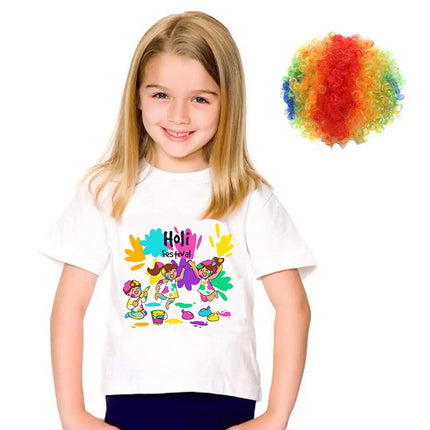 Holi Shirts for Girls with Multicolor Holi Wig Fancydresswale