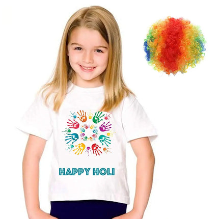 Holi Shirts for Girls with Multicolor Holi Wig Fancydresswale