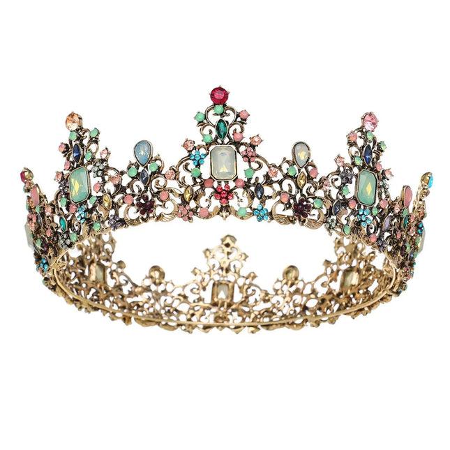 Jeweled Baroque Queen Crown - Rhinestone Wedding Crowns and Tiaras for Women, Costume Party Hair Accessories with Gemstones Fancydresswale