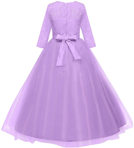 FancyDressWale Flower Floral Lace 3/4 Sleeves Floor Length Dress Wedding Party Evening Formal Pegeant Gown- Lavender