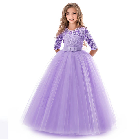 FancyDressWale Flower Floral Lace 3/4 Sleeves Floor Length Dress Wedding Party Evening Formal Pegeant Gown- Lavender