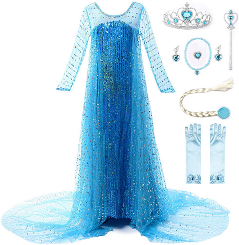 Fancydresswale Elsa Birthday Party Dress Up for Little Girls with Crown,Wand,Gloves Accessories 3-12 Years, Blue