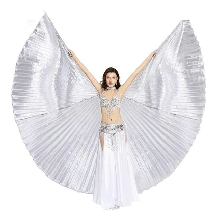 Opening Belly Dance Isis Wings Dancing Props with Sticks Rods-Silver Fancydresswale