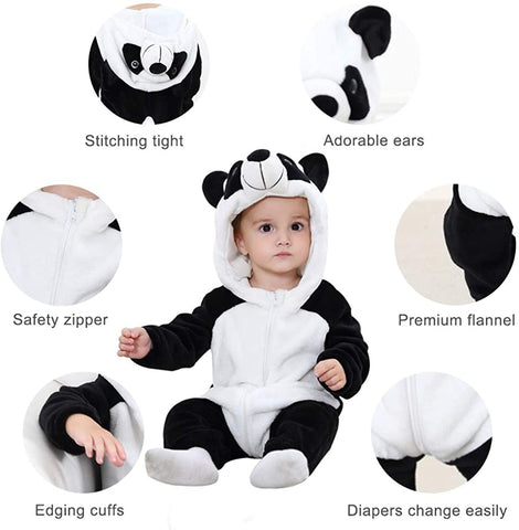 Fancydresswale Unisex Baby Flannel Jumpsuit Panda Style Cosplay Clothes Bunting Outfits Snowsuit Hooded Romper Outwear (Black & White Panda)