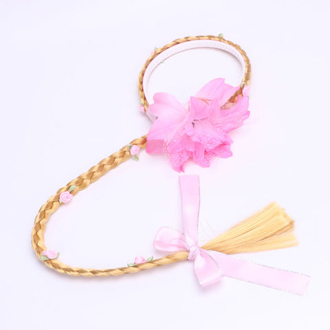 Princess Hairpiece Pink Long 29" Cosplay Braided Wigs for Girls Princess Dress Up Accessories (Pink Flower)