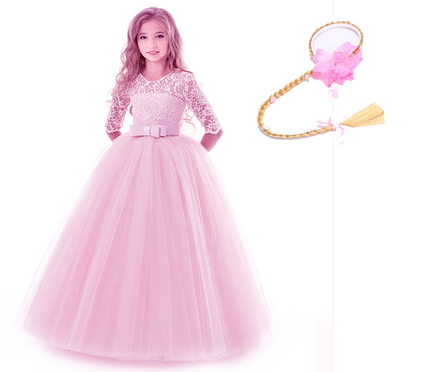 FancyDressWale princess gown for girls beautiful party dress- Pink with hair accessories