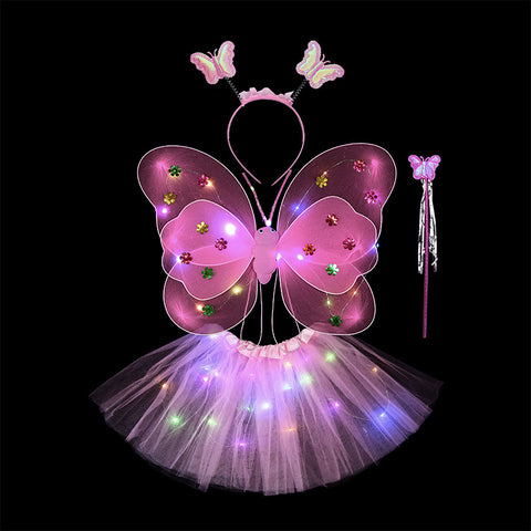 Butterfly wings, Skirt, hairband and magic wand with LED lights for Girl's Birthday One size fits (3-7 Years)-Pink