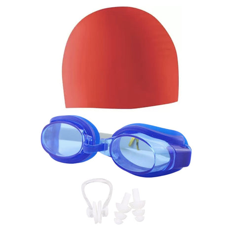 Colourful Swimming Cap and Goggle combo for all age groups- Red Blue