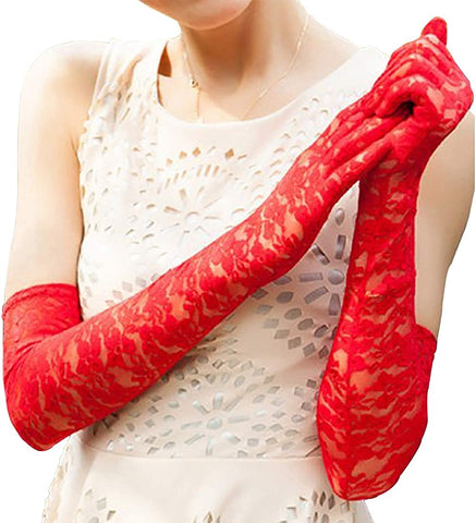 Fancydresswale Floral Lace Gloves for Wedding Opera Party Flapper Lace Gloves Stretchy Adult Size- Red
