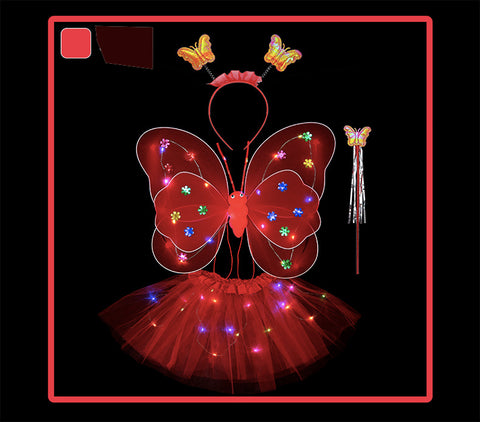 Butterfly wings, Skirt, hairband and magic wand with LED lights for Girl's Birthday One size fits (3-7 Years)-Red