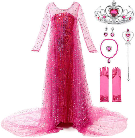 Fancydresswale Elsa Princess Birthday Party Dress for Little Girls with Crown,Wand,Gloves Accessories 3-12 Years, Rose Red