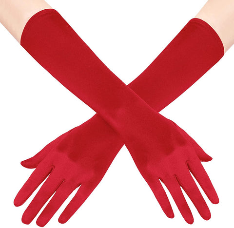 Fancydresswale hand Gloves for women for parties, long colourful satin hand cover 15 Inches; Red