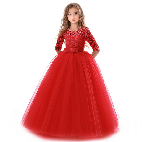 FancyDressWale Girls Flower Vintage Floral Lace 3/4 Sleeves Floor Length Dress Wedding Party Evening Formal Pegeant Dance dress- Red