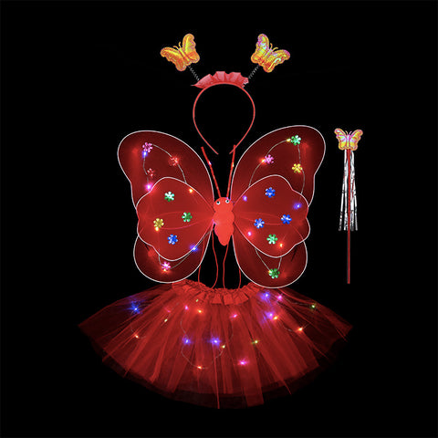 Butterfly wings, Skirt, hairband and magic wand with LED lights for Girl's Birthday One size fits (3-7 Years)-Red