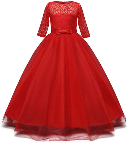 FancyDressWale Girls Flower Vintage Floral Lace 3/4 Sleeves Floor Length Dress Wedding Party Evening Formal Pegeant Dance dress- Red