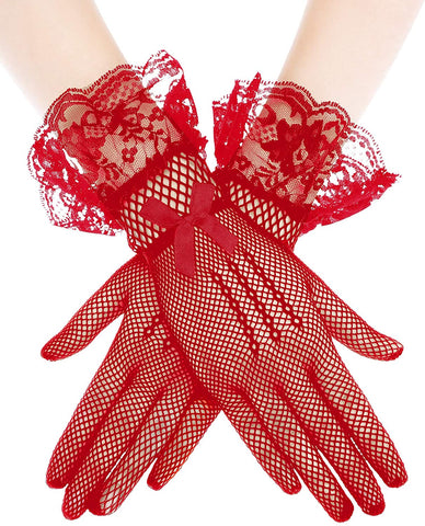 Fancydresswale Lace Vintage Bridal Elegant Party Full Finger Gloves for Party, wedding and Anniversaries; Red Color