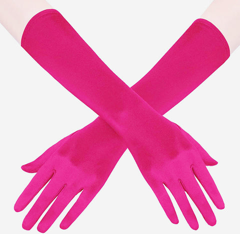 Fancydresswale hand Gloves for women for parties, long colourful satin hand cover 15 Inches; Rose Red