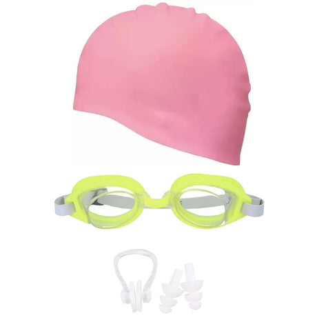 Colourful Swimming Goggle and Cap combo for all age groups- Pink-Green