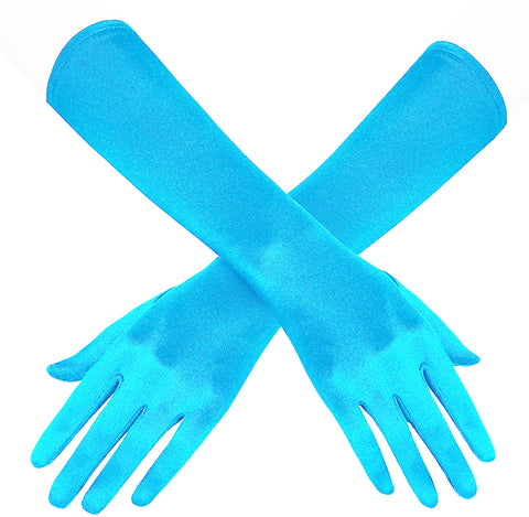Fancydresswale hand Gloves for women for parties, long colourful satin hand cover 15 Inches; Sky Blue