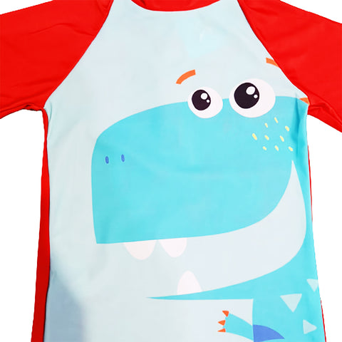 Fancydresswale Red Dinosaur Swimsuit half sleeves for kids