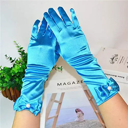 Satin Gloves Princess Dress Up Bows Gloves Long Gloves for Party(Blue) Fancydresswale