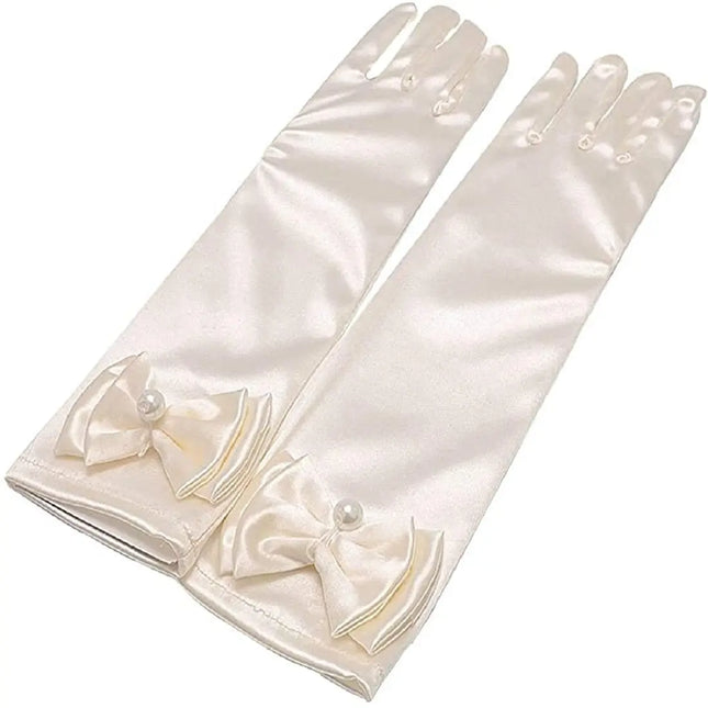 Satin Gloves Princess Dress Up Bows Gloves Long Gloves for Party(Off White) Fancydresswale