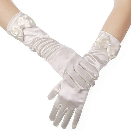 Satin Gloves Princess Dress Up Bows Gloves Long Gloves for Party(Off White) Fancydresswale