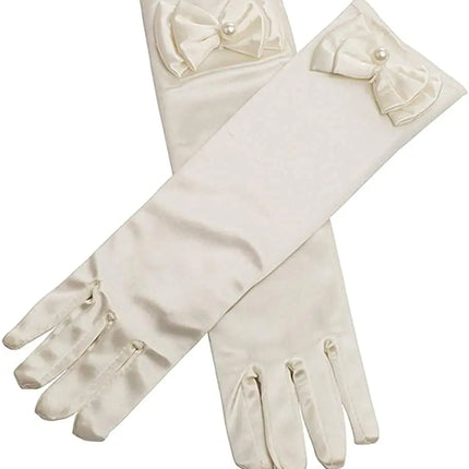 Satin Gloves Princess Dress Up Bows Gloves Long Gloves for Party(Off White) Fancydresswale