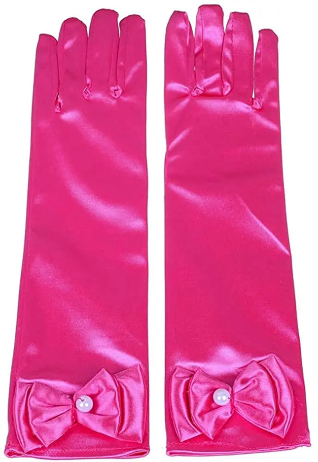Satin Gloves Princess Dress Up Bows Gloves Long Gloves for Party(Rose Red) Fancydresswale