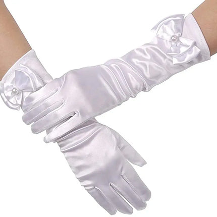 Satin Gloves Princess Dress Up Bows Gloves Long Gloves for Party(White) Fancydresswale