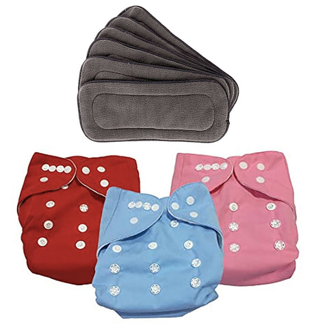 Cloth Diaper Reusable One Size Adjustable Washable for Baby Girls and Boys- Assorted Colors-3 diapers with 5 inserts