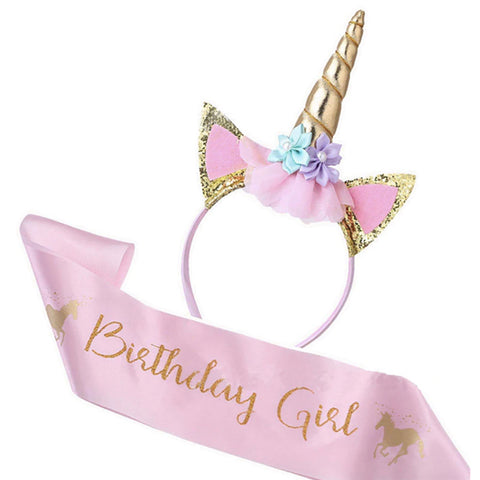 FancyDressWale Unicorn Birthday Set, Shiny Unicorn Headband and Birthday Sash Set Perfect Unicorn Theme Birthday Party Supplies, Pink
