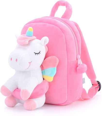 FancyDressWale Unicorn Backpack for Girls Kids Backpack Plush Unicorn Toy Gifts for Kids Baby Napkins Snack Books Bag Pink 9 Inches