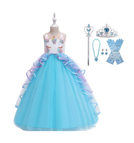 Fancydresswale Unicorn Princess Gown for Girls Blue with accessories