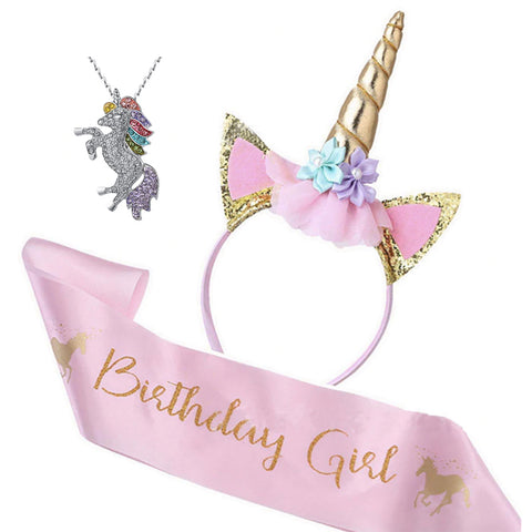 FancyDressWale Unicorn Birthday Set,Shiny Unicorn Headband,Necklace and Birthday Sash Set Perfect Unicorn Theme Birthday Party Supplies, Pink