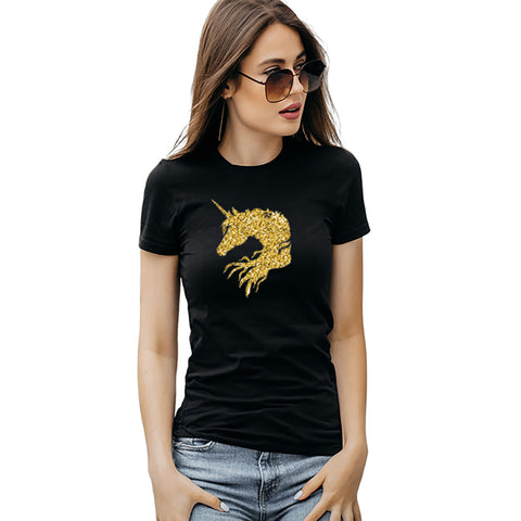 Fancydresswale Unicorn Golden Black Cotton T-shirts for Girls