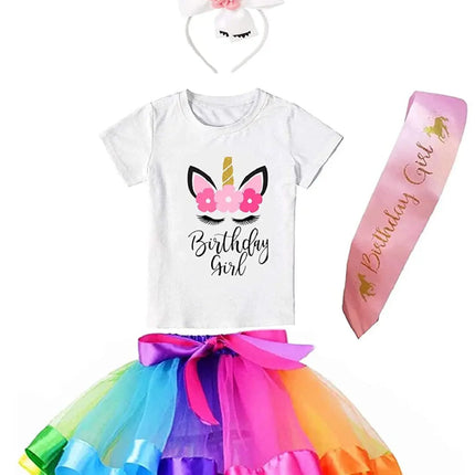 Unicorn Brthday Princess Costume Set- Tutu Multicolor Skirt, Assorted Headband, T-Shirt and Sash Fancydresswale