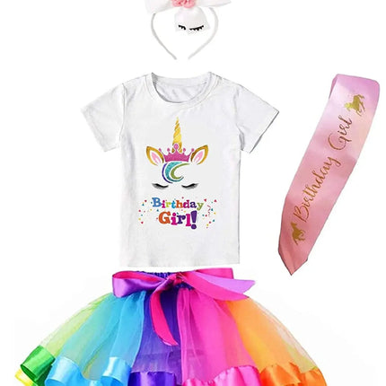 Unicorn Brthday Princess Costume Set- Tutu Multicolor Skirt, Assorted Headband, T-Shirt and Sash Fancydresswale