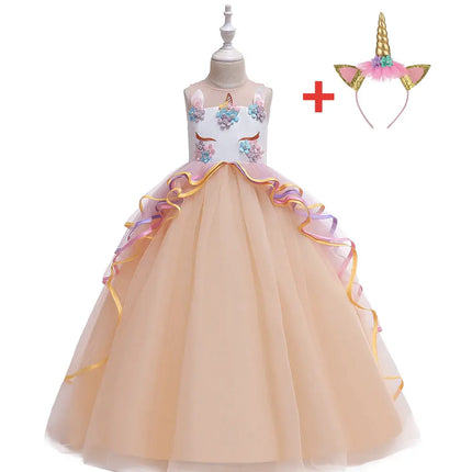 Unicorn Princess Costume Birthday Pageant Party Dance Performance Carnival Long Maxi Tulle Fancy Dress Up Outfits -Orange Fancydresswale