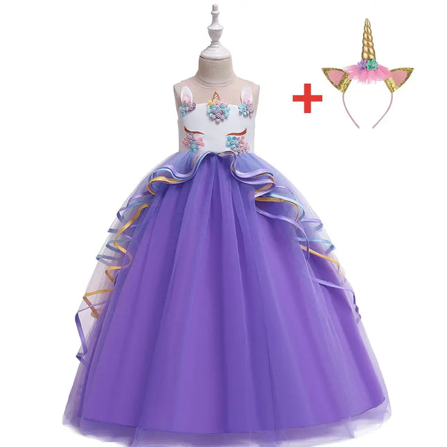Unicorn Princess Costume Birthday Pageant Party Dance Performance Carnival Long Maxi Tulle Fancy Dress Up Outfits -Purple Fancydresswale