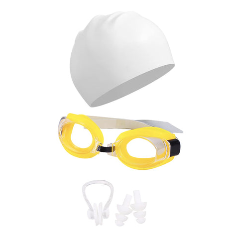 Swimming Cap and Goggle combo for all age groups- White-Yellow Color