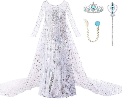 Princess Elsa Princess Birthday Party Dress for Little Girls with Crown,Wand,Gloves Accessories 3-12 Years,Silver