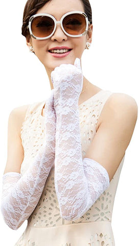 Fancydresswale Floral Lace Gloves for Wedding Opera Party Flapper Lace Gloves Stretchy Adult Size- White