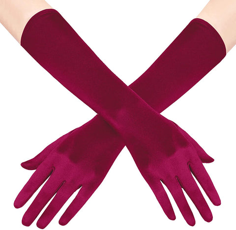 Fancydresswale hand Gloves for women for parties, long colourful satin hand cover 15 Inches; Wine Red